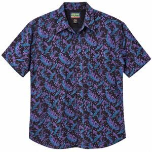 Vintage 90s Shah Safari Mens Print Button Down Shirt M Black Purple Short Sleeve